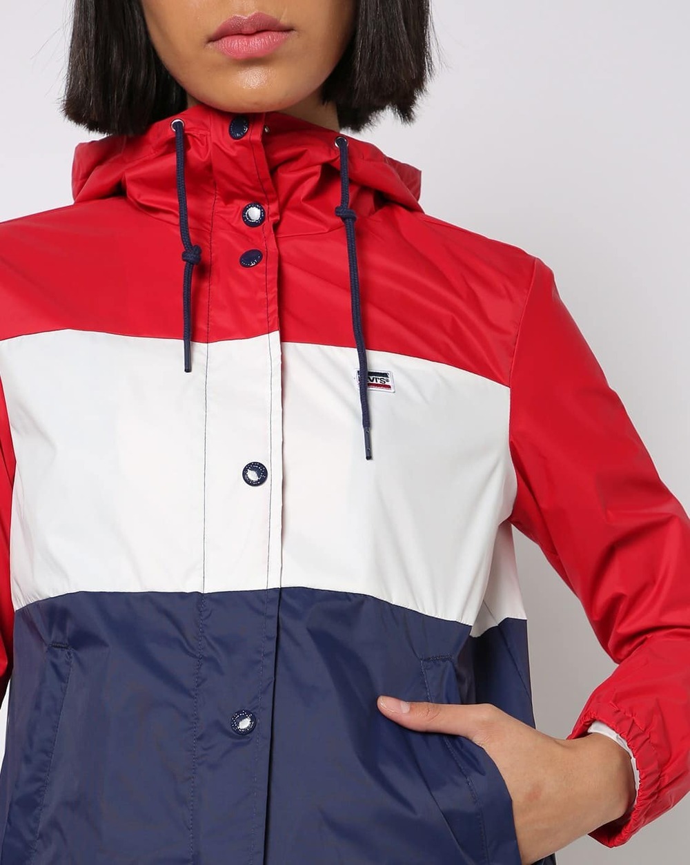Levi's Jacket Windbreaker Rain Hooded Retro Colorblock Red White Blue Size L